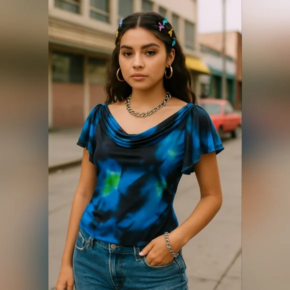 Y2K Tie Dye Cowl Neck Top | Fairy Grunge Flutter Sleeve | Size Small - Picture 14 of 14